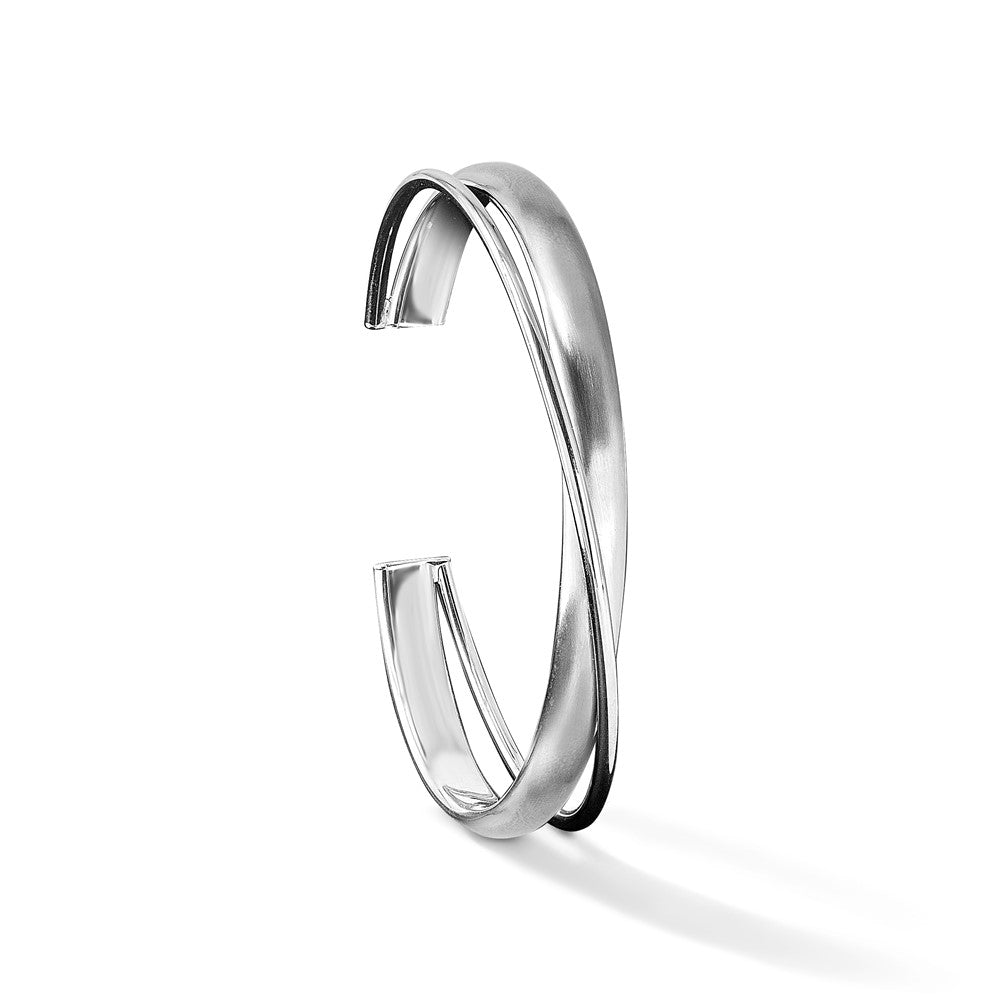 Sterling Silver Rhodium-plt Satin Polished Criss Cross Cuff Bangle