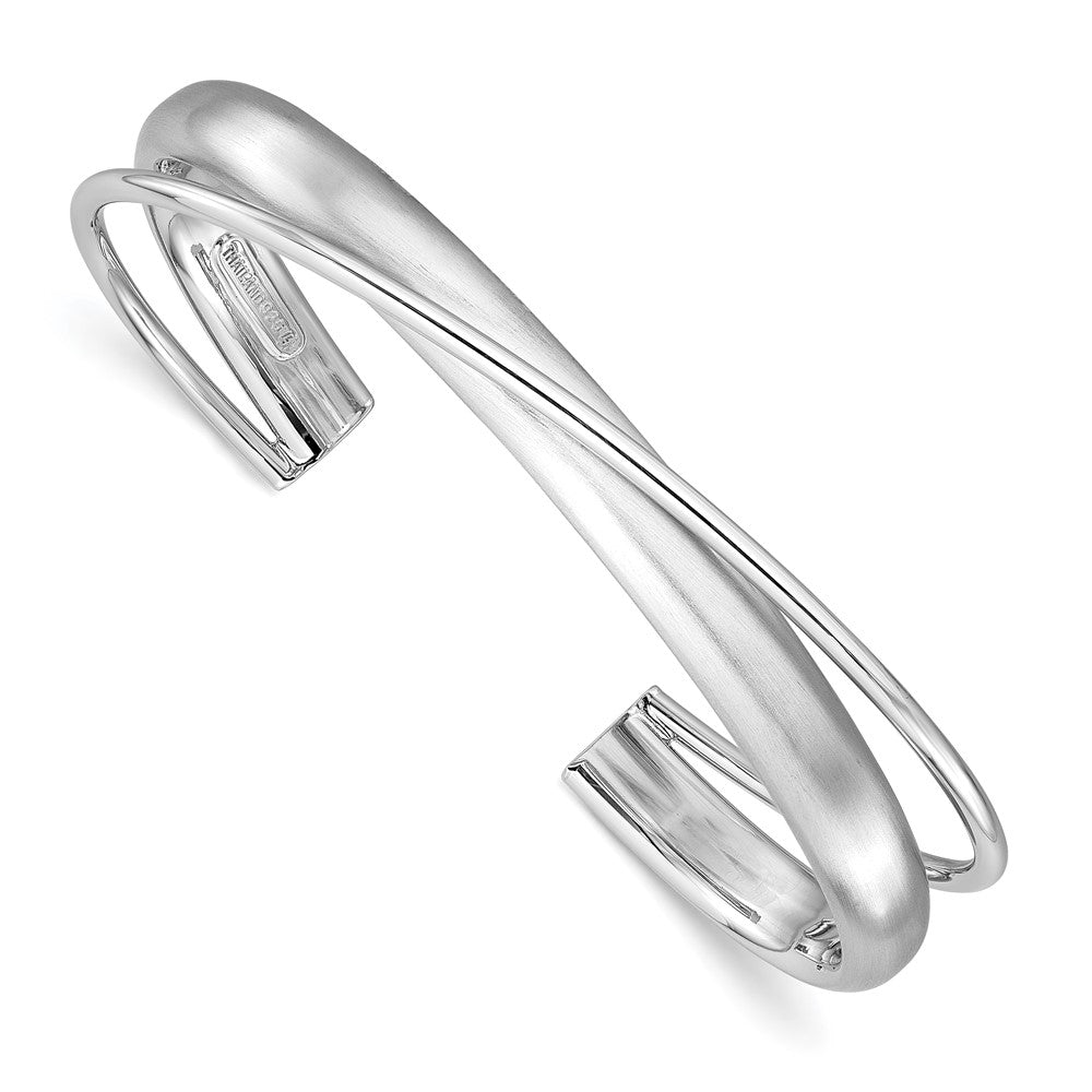 Sterling Silver Rhodium-plt Satin Polished Criss Cross Cuff Bangle