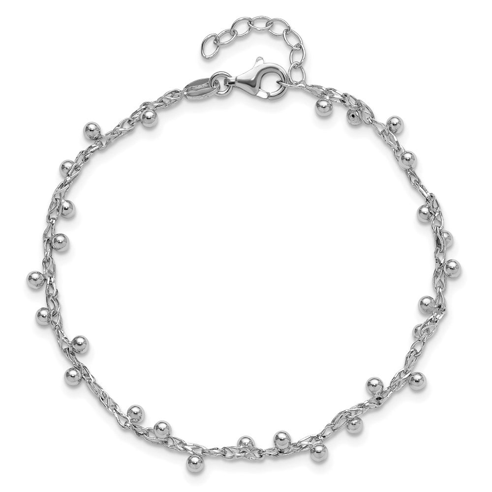 Sterling Silver Rhod-plated Polished Beaded with 1in ext. Bracelet