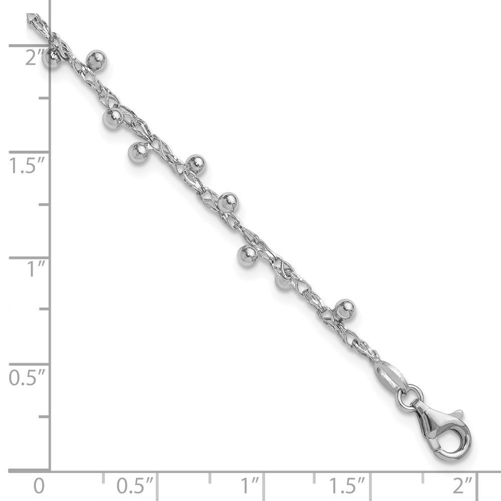 Sterling Silver Rhod-plated Polished Beaded with 1in ext. Bracelet