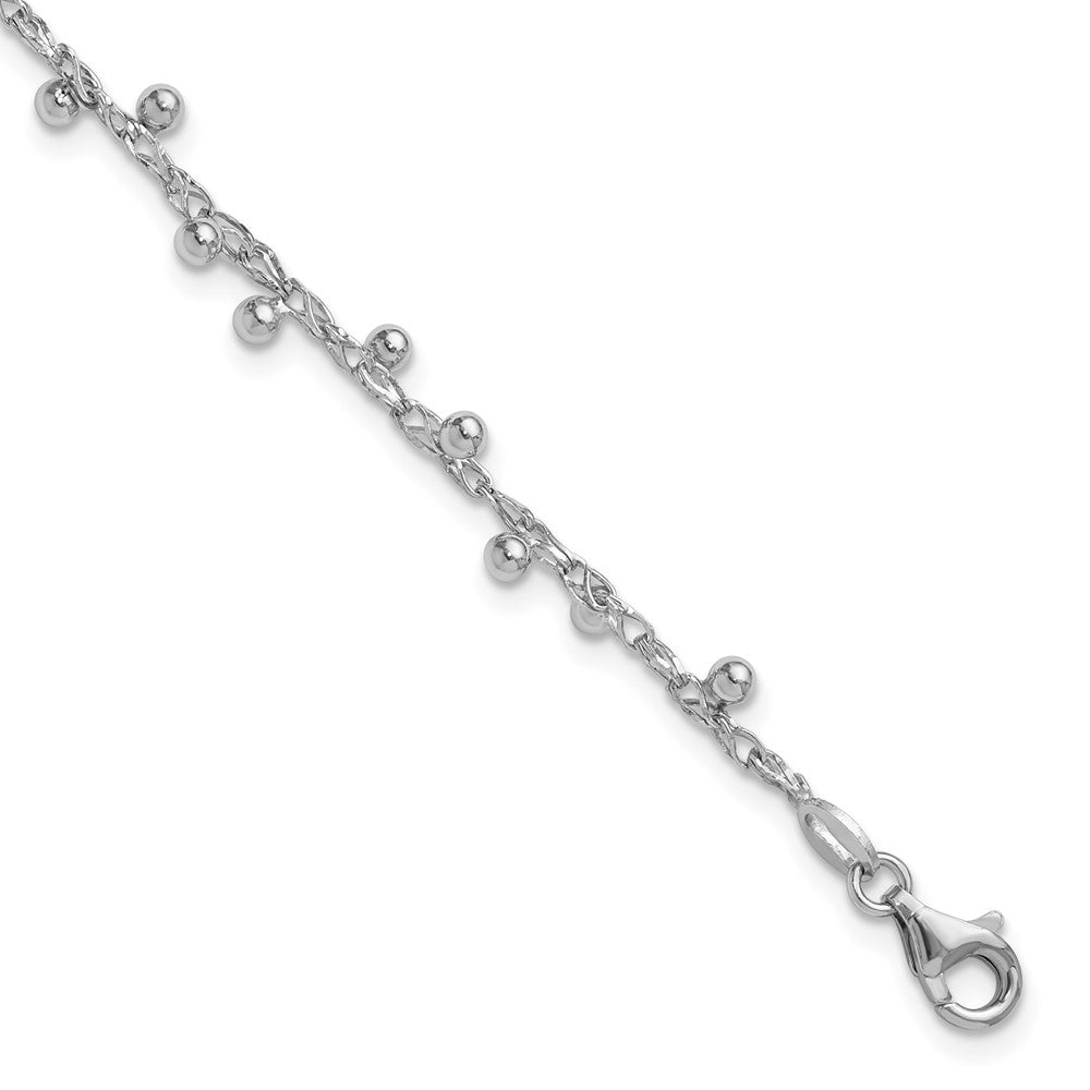 Sterling Silver Rhod-plated Polished Beaded with 1in ext. Bracelet