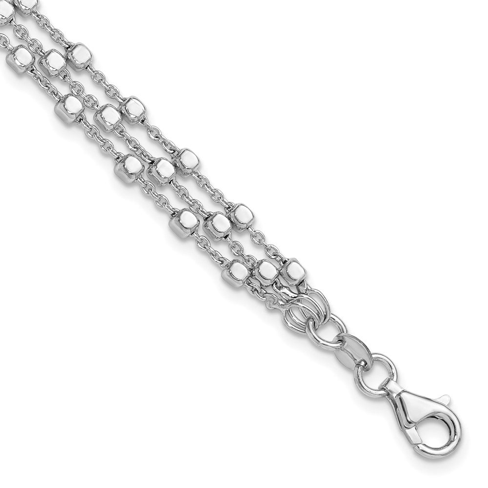 Sterling Silver Rh-plt 3 Strand Beaded 7.5in with 1in ext. Bracelet