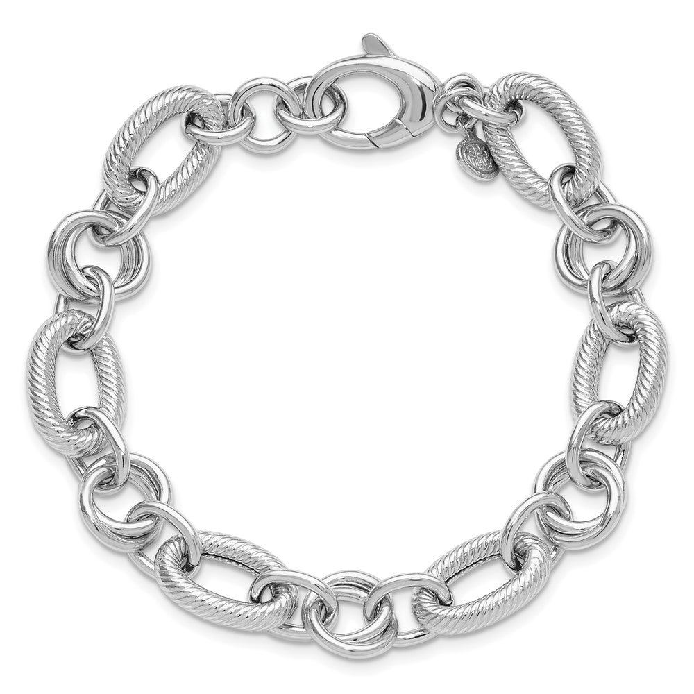 SS Rhodium-plated Polished/Textured Fancy Link with .25in ext. Bracelet