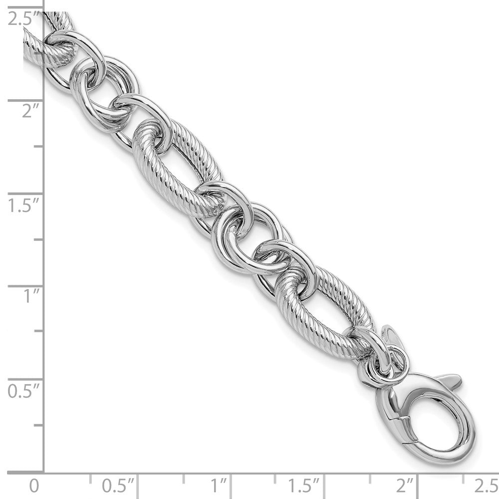 SS Rhodium-plated Polished/Textured Fancy Link with .25in ext. Bracelet