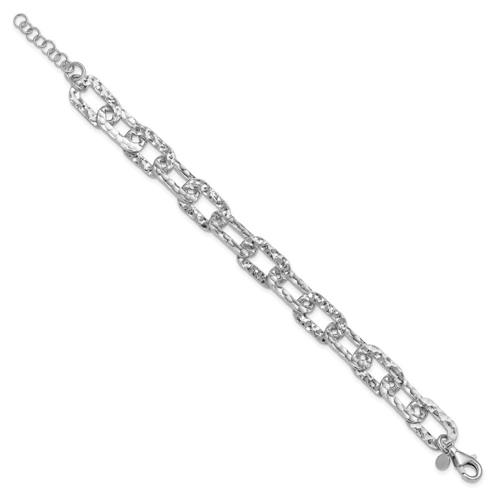 Sterling Silver Rh-pl Polished/Hammered Fancy with 1in ext. Bracelet