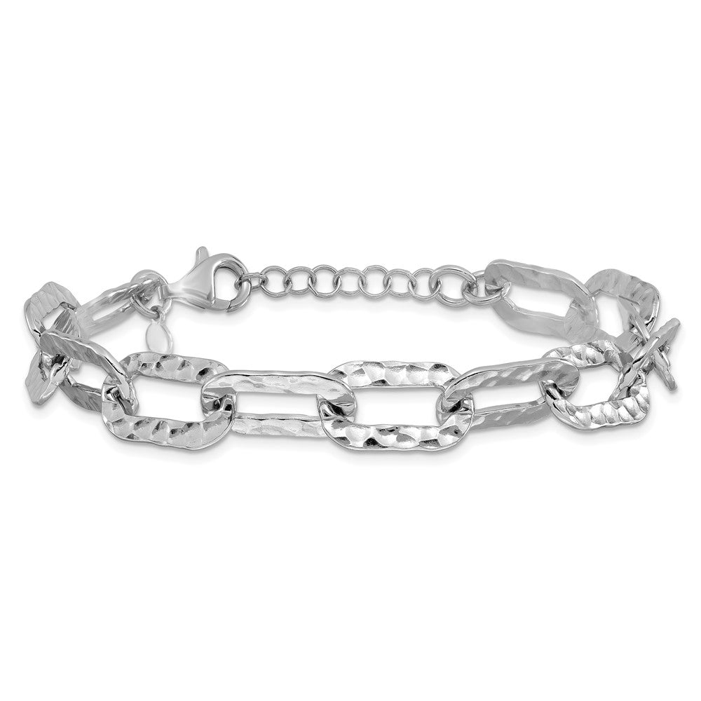 Sterling Silver Rh-pl Polished/Hammered Fancy with 1in ext. Bracelet