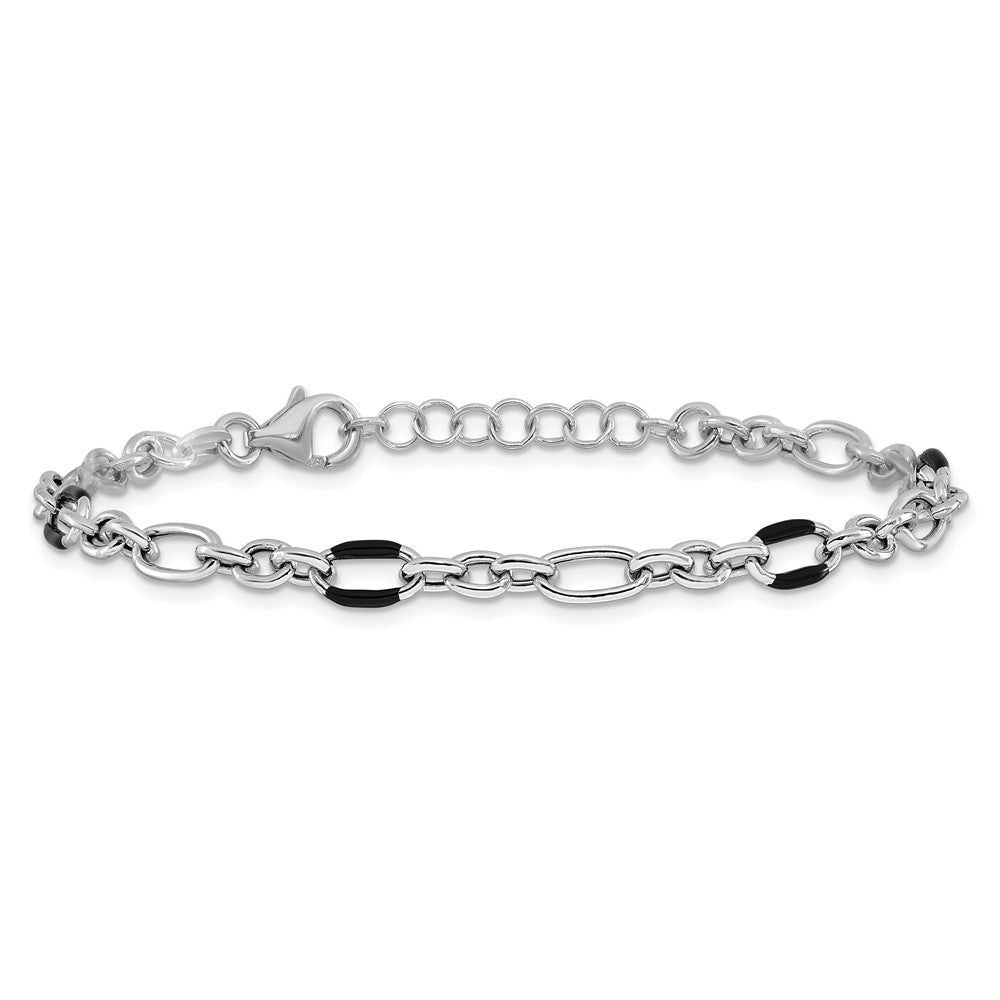 Sterling Silver Rhodium-plt with Enamel Link with 1in ext. Bracelet
