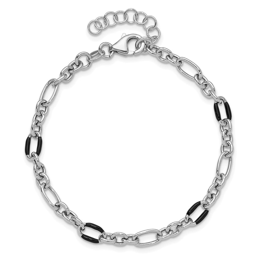 Sterling Silver Rhodium-plt with Enamel Link with 1in ext. Bracelet