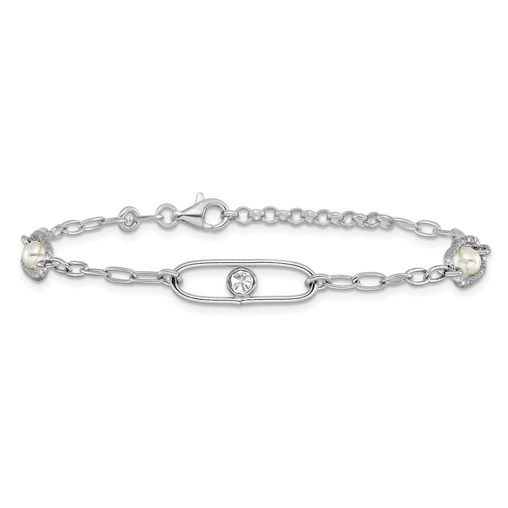 Sterling Silver Rh-plated CZ and Crystal Pearl with 1in ext. Bracelet