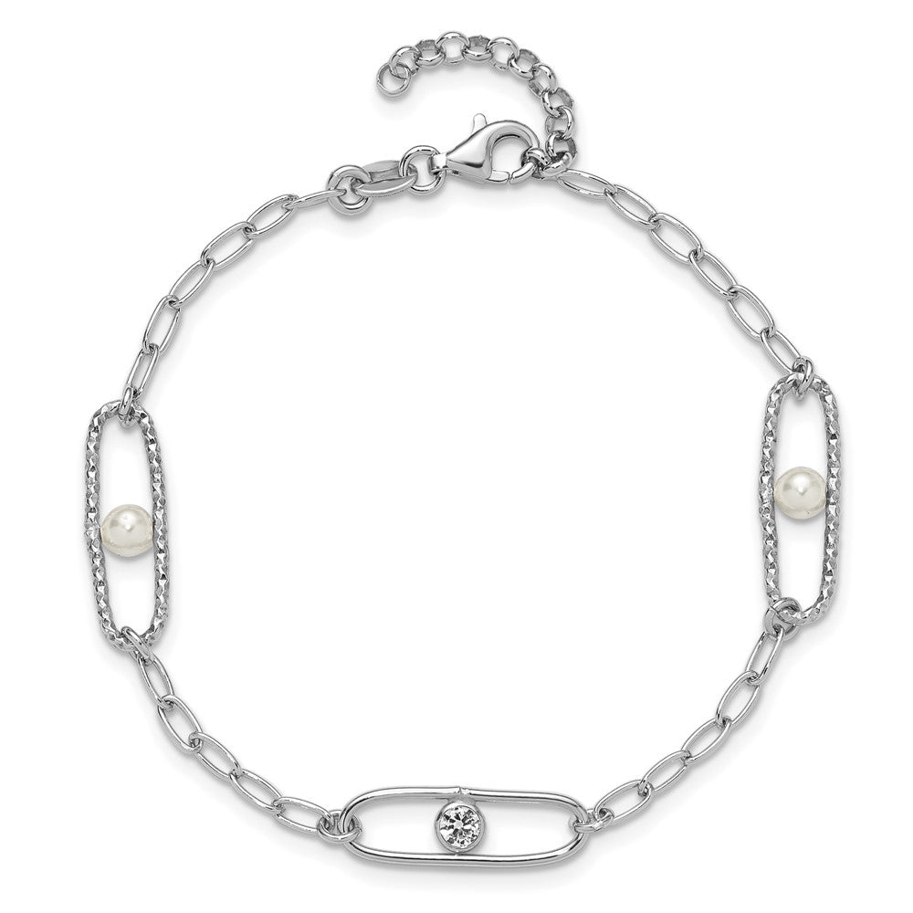 Sterling Silver Rh-plated CZ and Crystal Pearl with 1in ext. Bracelet