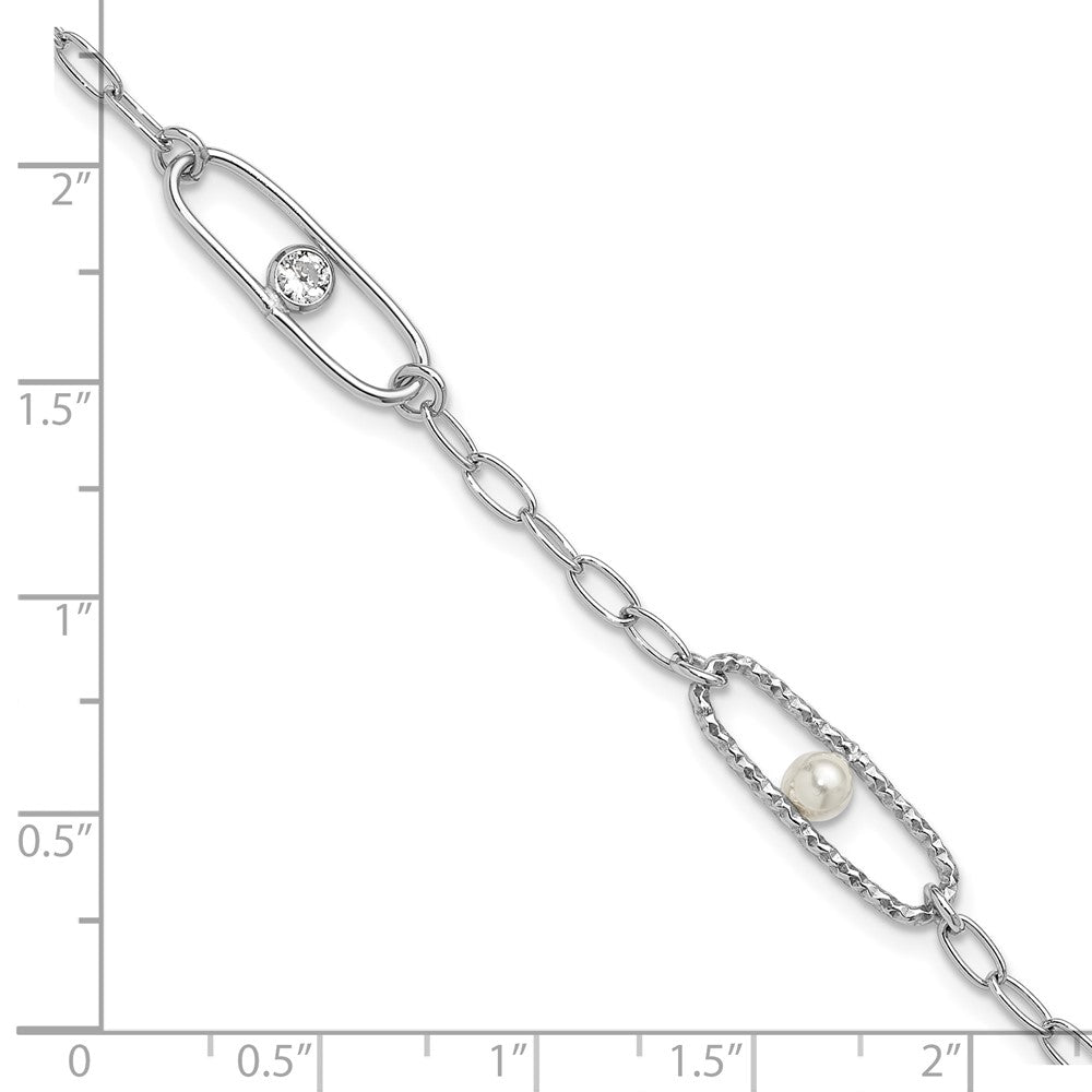 Sterling Silver Rh-plated CZ and Crystal Pearl with 1in ext. Bracelet