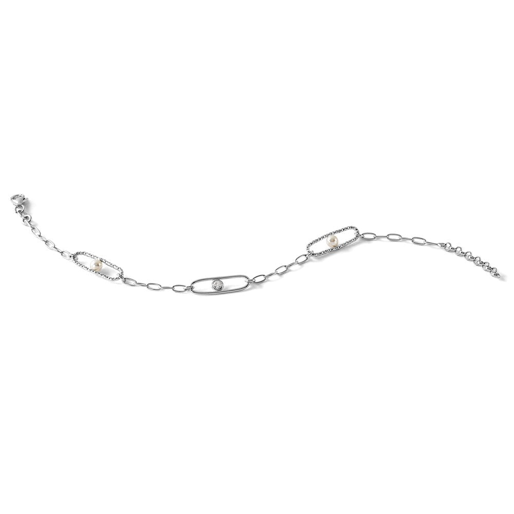 Sterling Silver Rh-plated CZ and Crystal Pearl with 1in ext. Bracelet