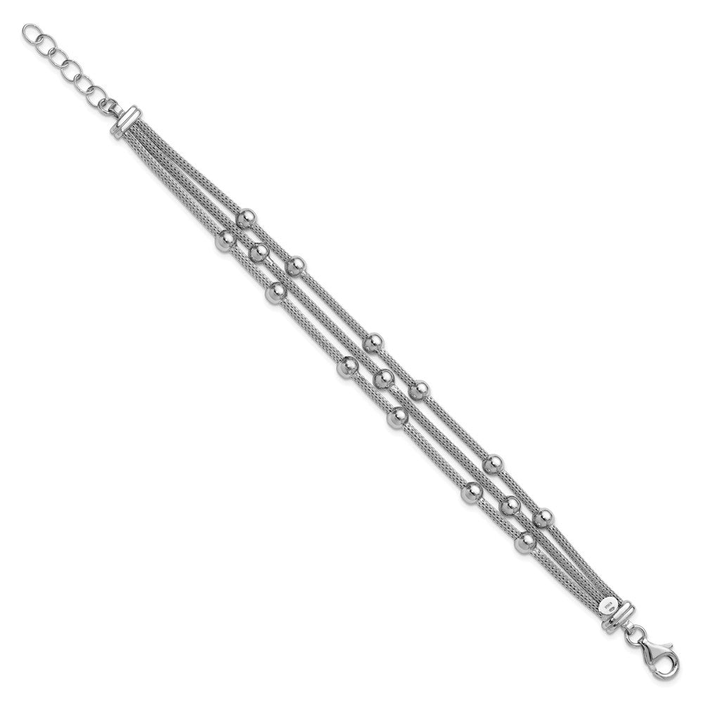 SS Rhodium-plated Polished 3-strand Bead with 1in ext. Bracelet