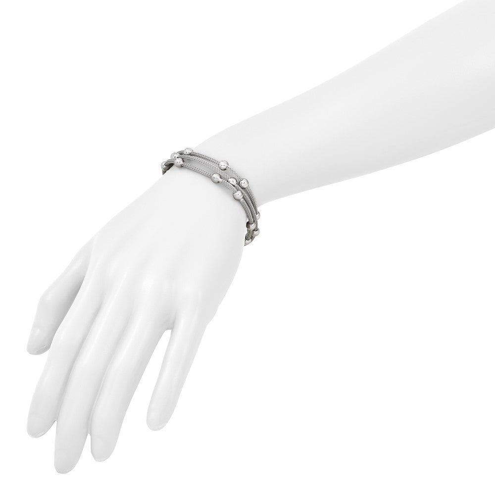SS Rhodium-plated Polished 3-strand Bead with 1in ext. Bracelet