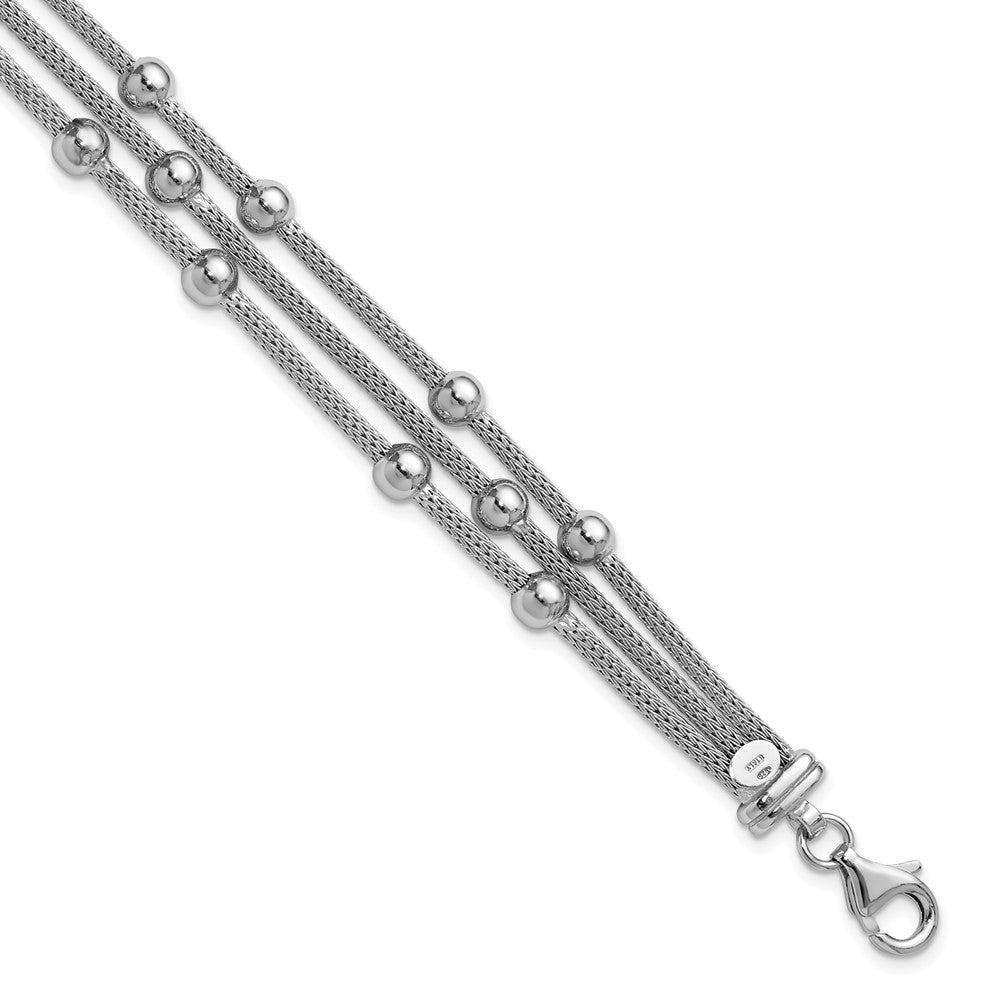 SS Rhodium-plated Polished 3-strand Bead with 1in ext. Bracelet