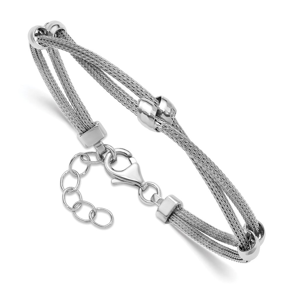 SS Rhodium-plated Polished 2-strand Bead with 1in ext. Bracelet