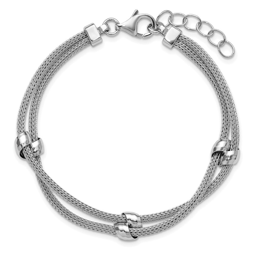 SS Rhodium-plated Polished 2-strand Bead with 1in ext. Bracelet