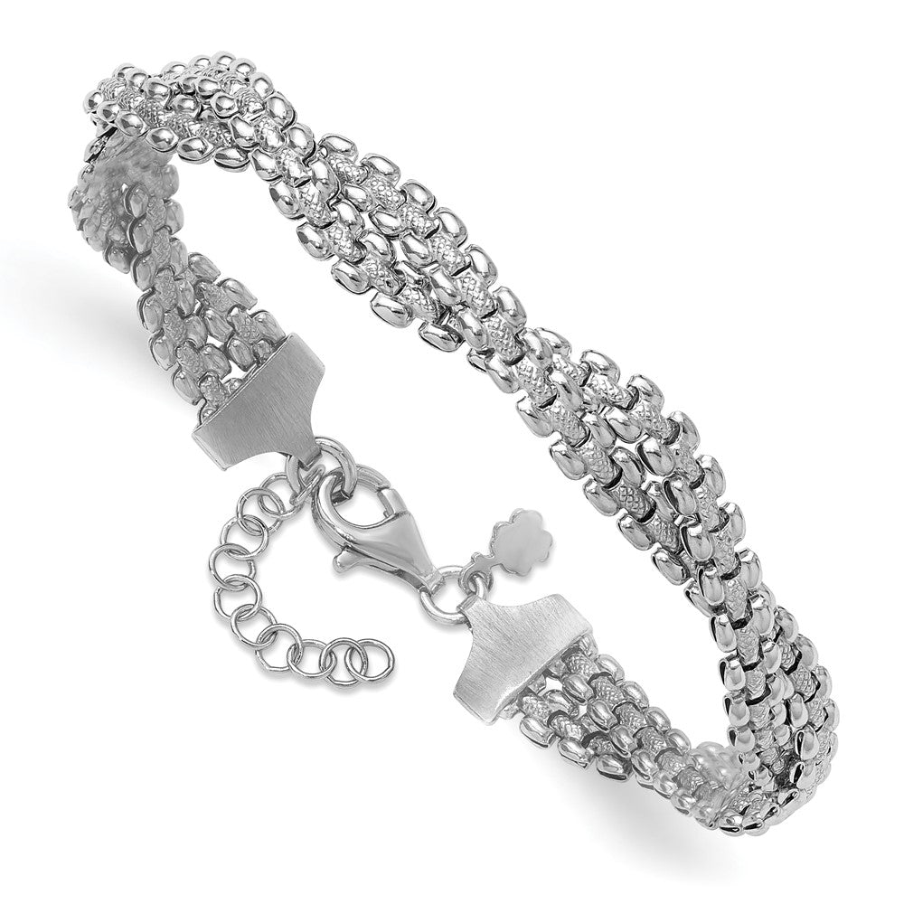 SS Rhodium-plated Polish/Texture Braided with 1in ext. Bracelet