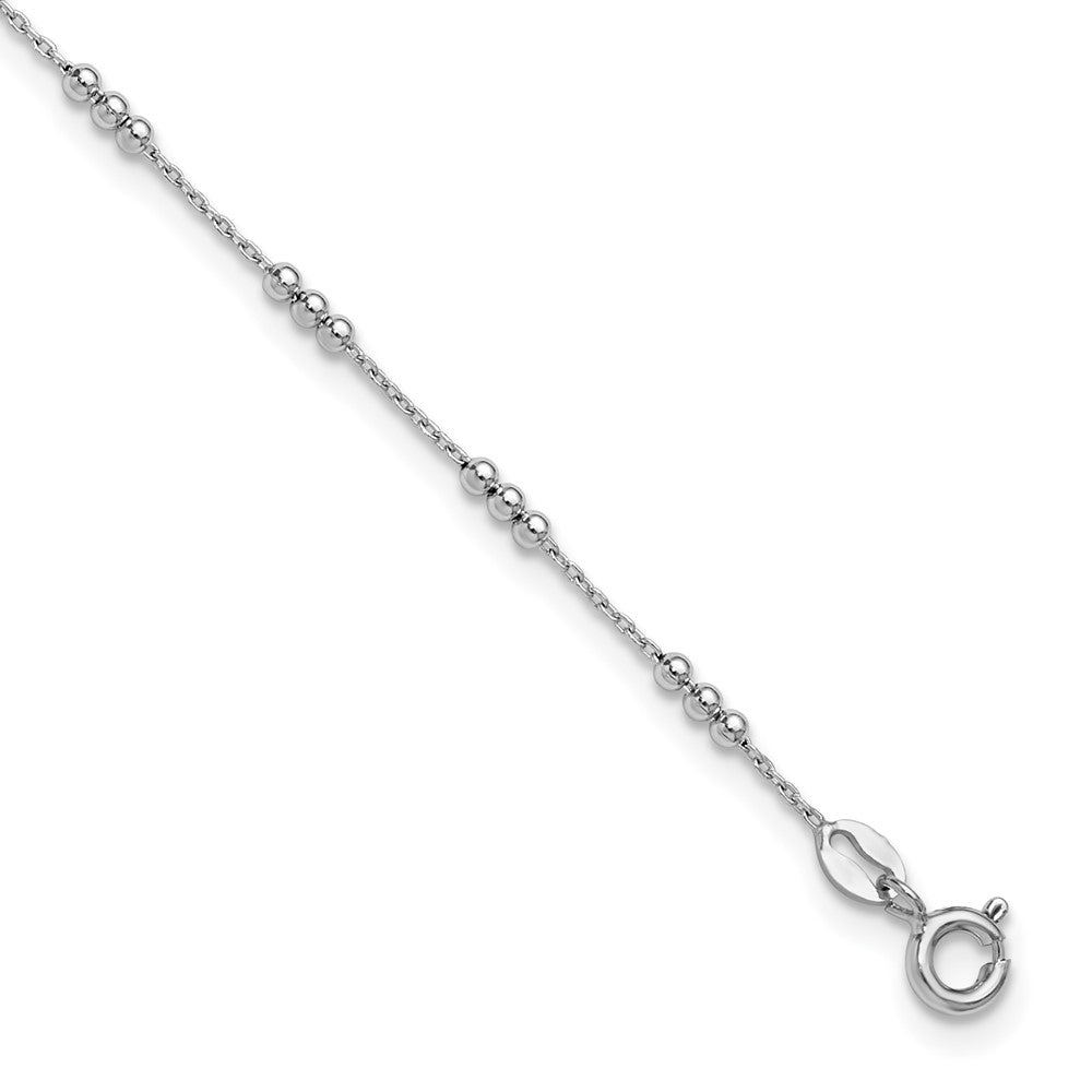 SS Rhodium-plated Polished Bead Station 9in Plus 1in ext. Anklet