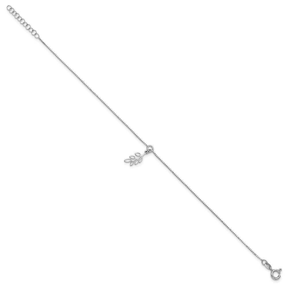 SS Rhodium-plated Polished Dangle Leaf 9in Plus 1in ext. Anklet