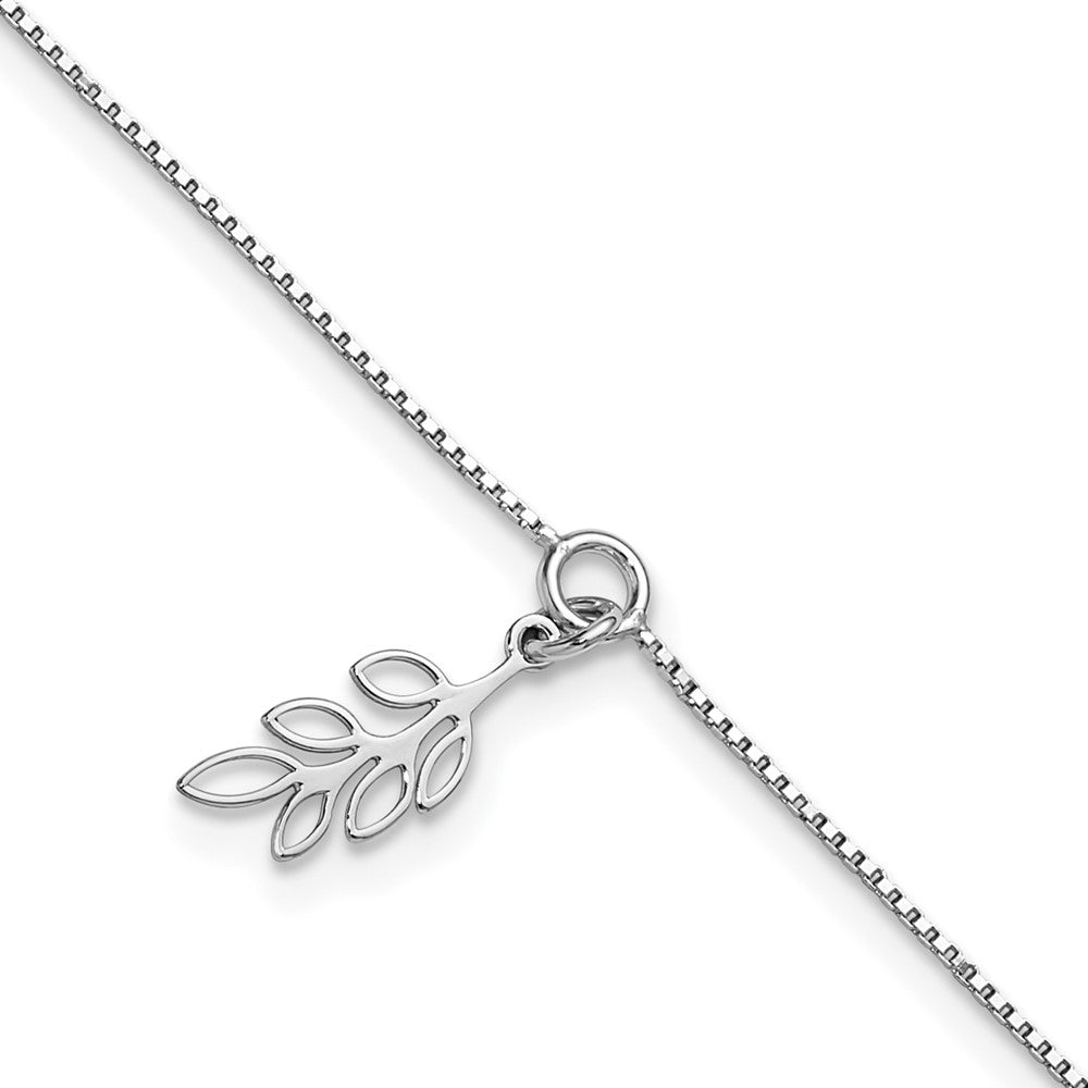 SS Rhodium-plated Polished Dangle Leaf 9in Plus 1in ext. Anklet