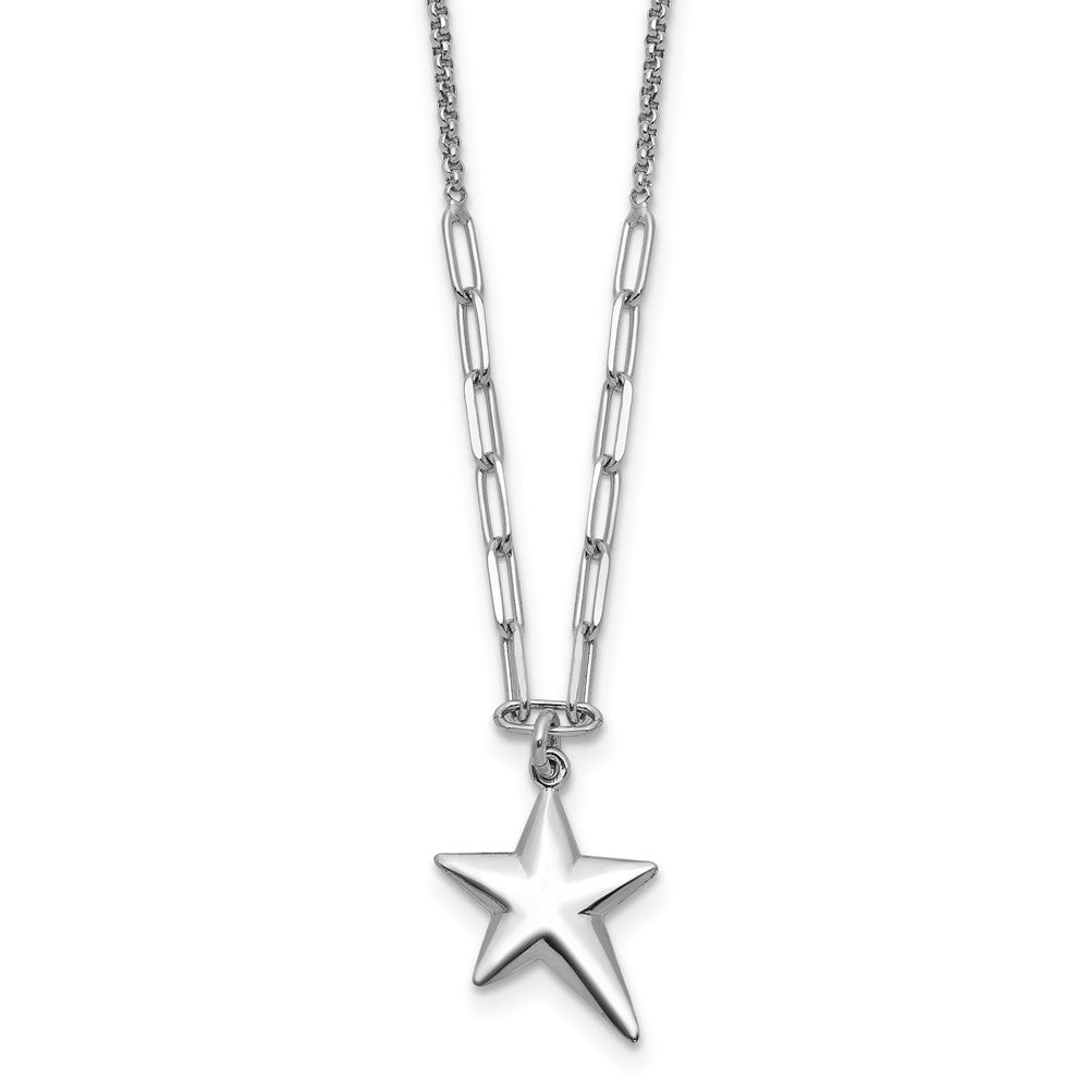 SS Rhodium-plated Polished Star Pendant with 1.25in ext. Necklace