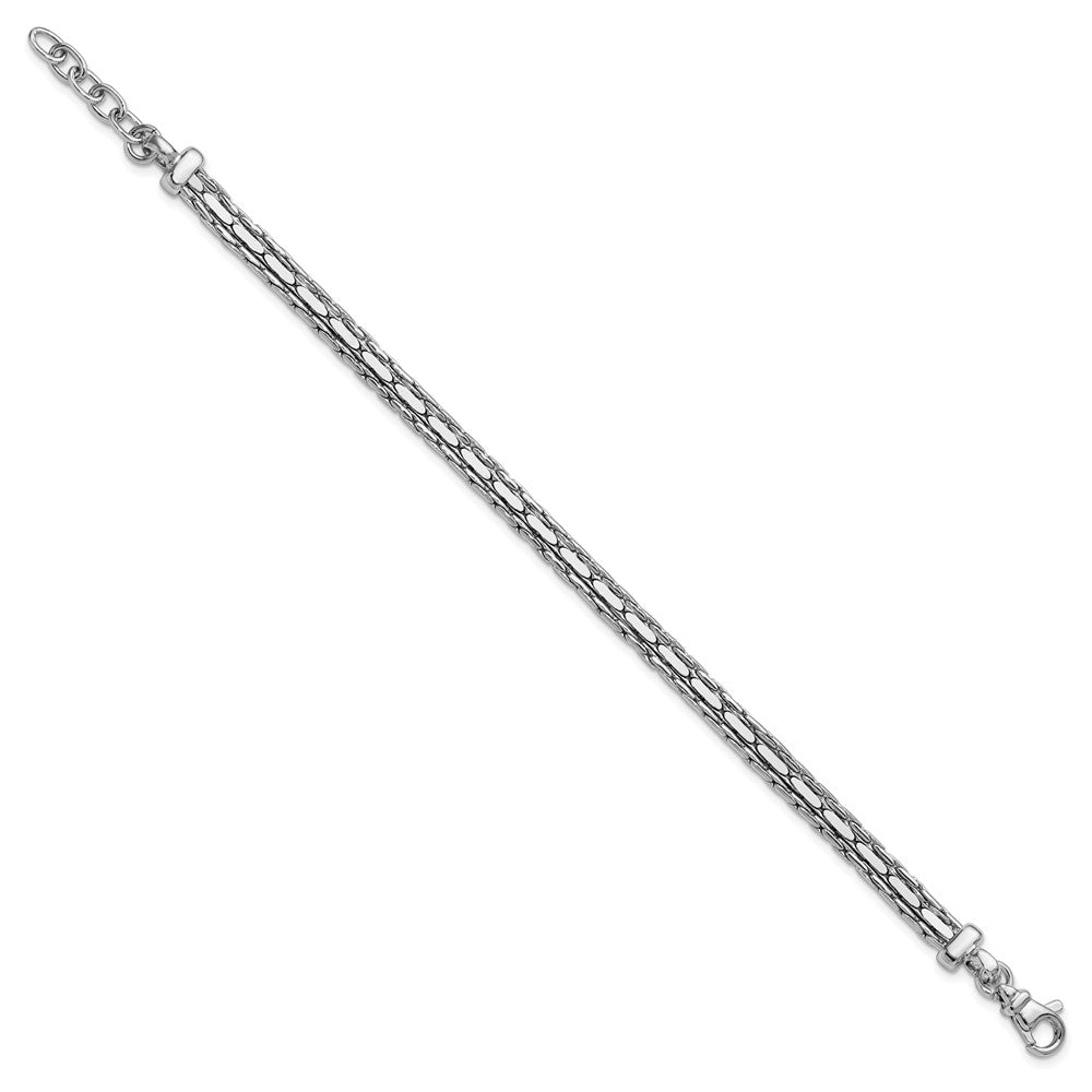 SS Rhodium-plated Polished 3-Strand Fancy with 1in ext. Bracelet