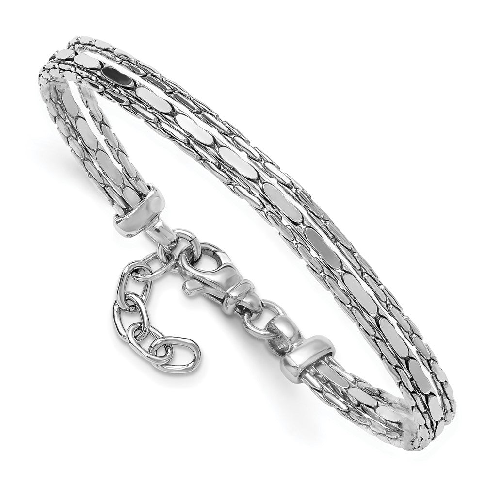 SS Rhodium-plated Polished 3-Strand Fancy with 1in ext. Bracelet