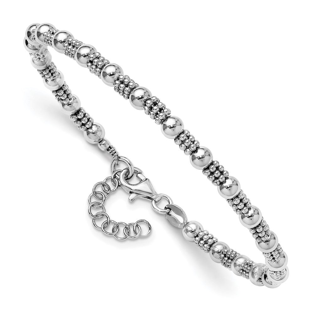 Sterling Silver Rhodium-plated Fancy Beaded with 1in ext. Bracelet