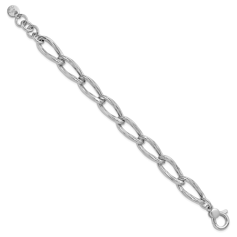 SS Rhodium-plated Polished/Grooved Link with .75in ext. Bracelet