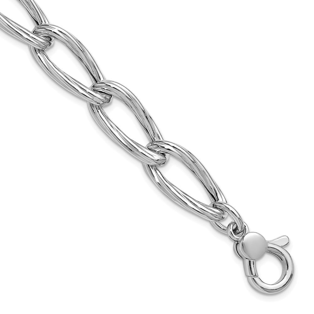 SS Rhodium-plated Polished/Grooved Link with .75in ext. Bracelet