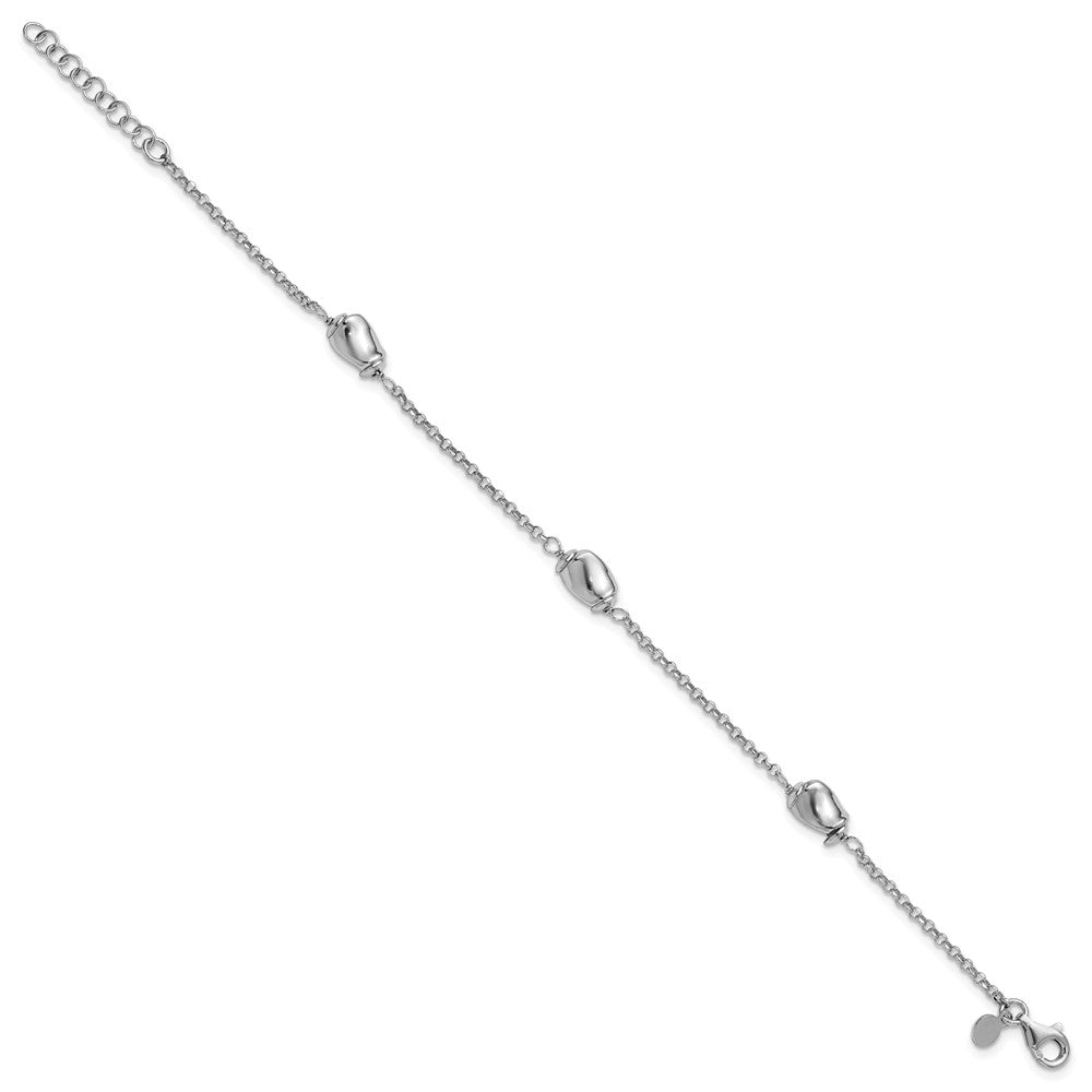 Sterling Silver Rhodium-plated Polished Beads with 1in ext. Bracelet