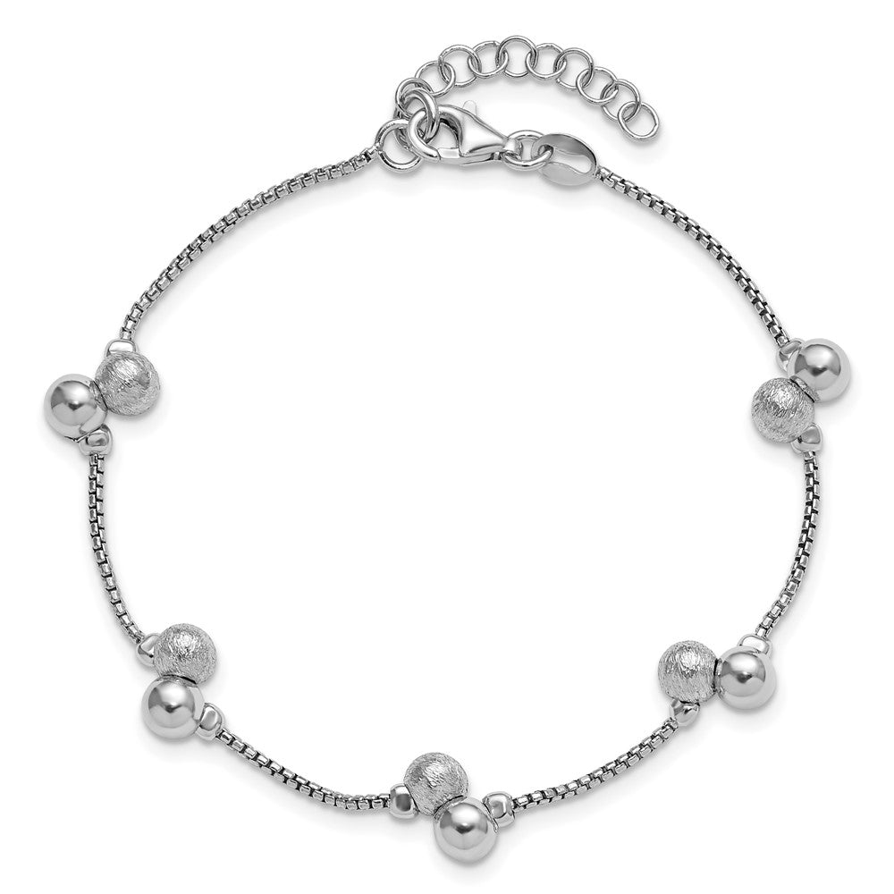 SS Rhodium-plated Brushed and Beaded with 1in Ext Bracelet