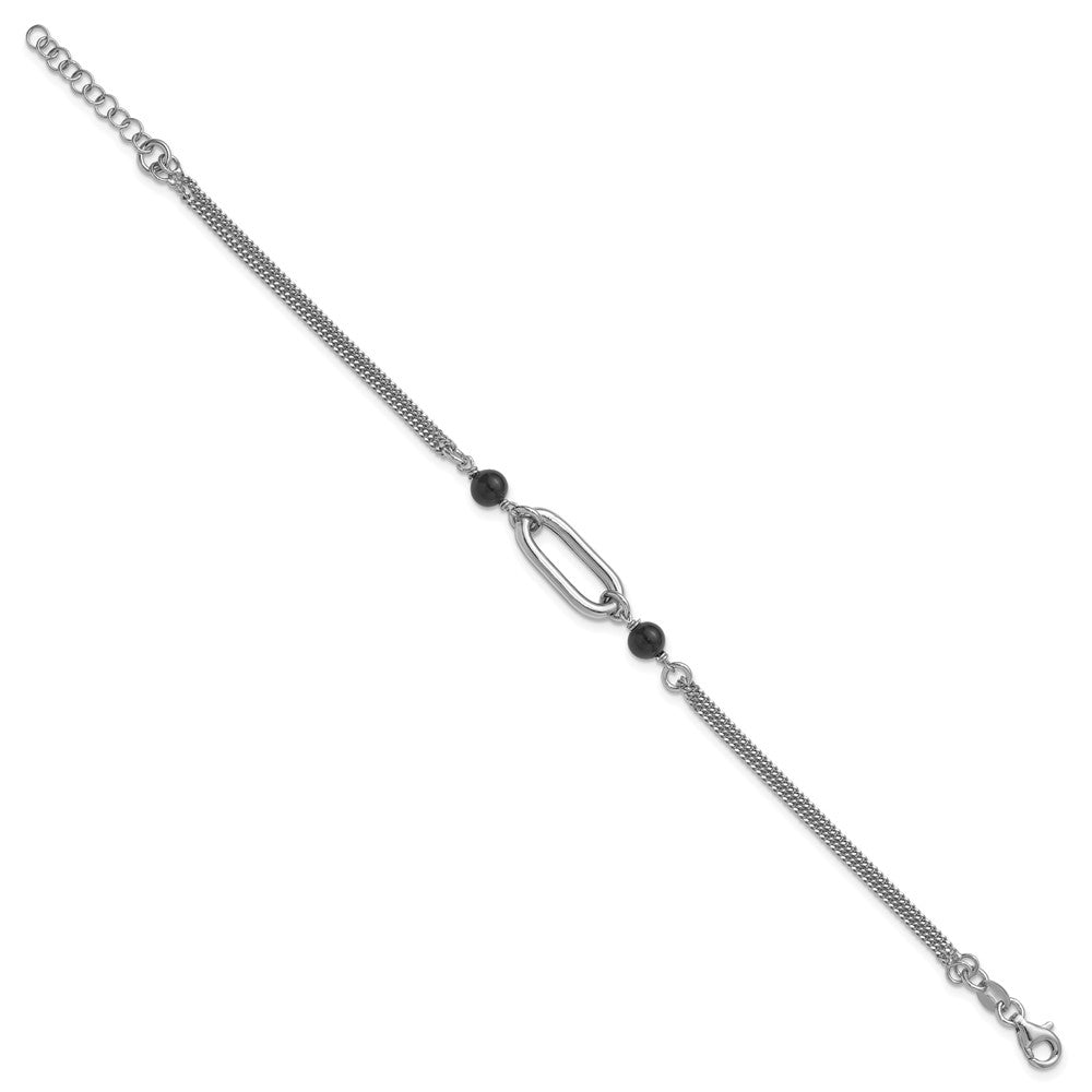 SS Rhodium-plated Black Glass Pearl 2-Strand Link with 1in Ext Bracelet