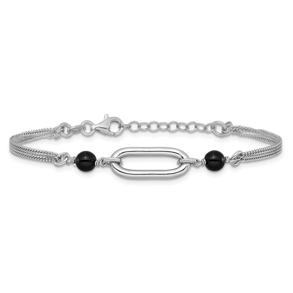 SS Rhodium-plated Black Glass Pearl 2-Strand Link with 1in Ext Bracelet
