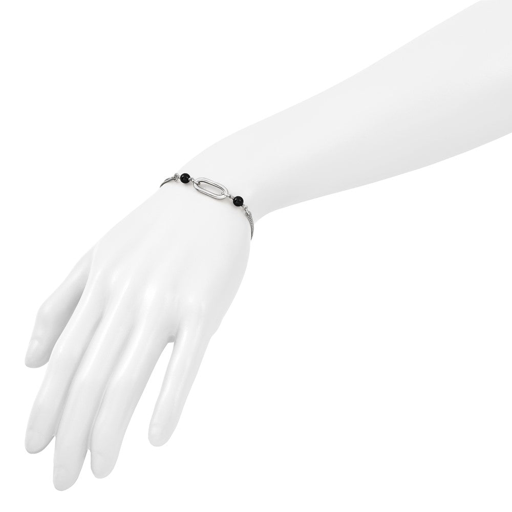 SS Rhodium-plated Black Glass Pearl 2-Strand Link with 1in Ext Bracelet