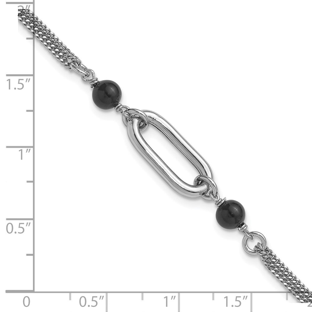 SS Rhodium-plated Black Glass Pearl 2-Strand Link with 1in Ext Bracelet