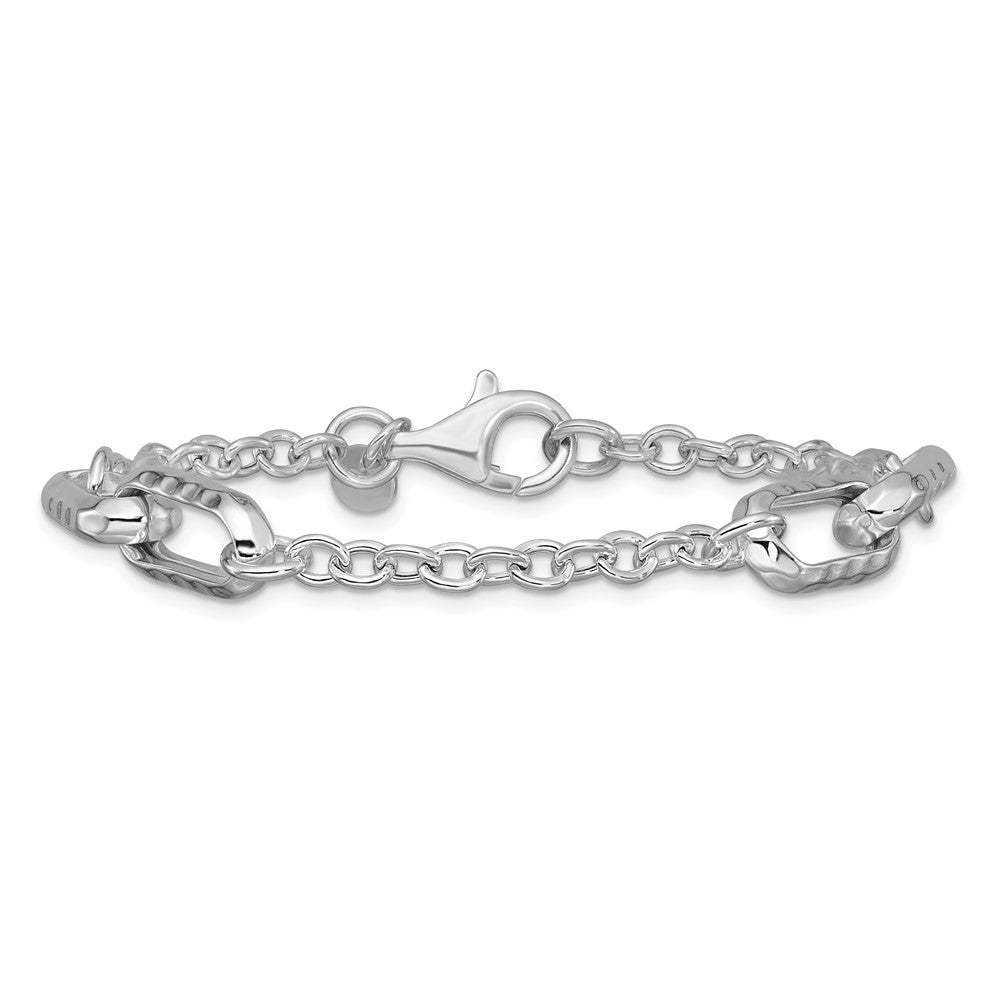 Sterling Silver Rhodium-plated Polished and Hammered Link Bracelet