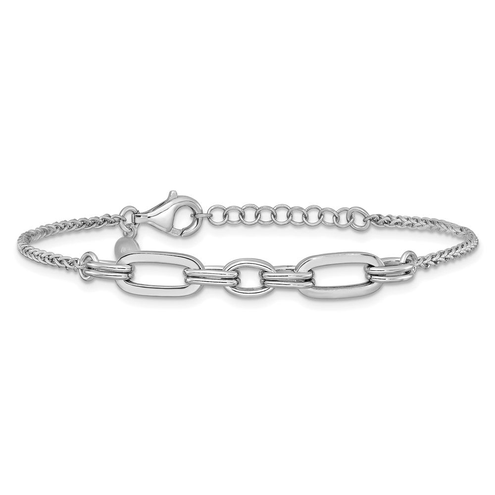 Sterling Silver Rhodium-plated Fancy Oval Links with 1in ext. Bracelet