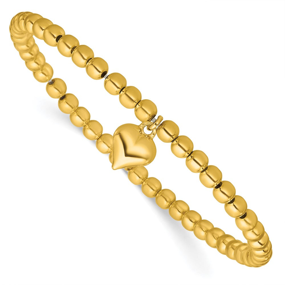 Sterling Silver Gold-tone Pol. Heart Beaded Stretch Bracelet