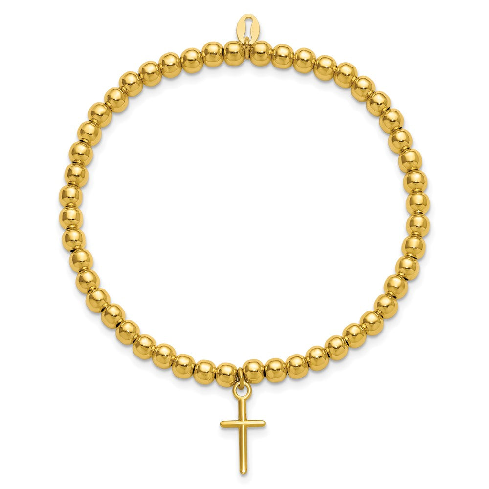 Sterling Silver Gold-tone Pol. Cross Beaded Stretch Bracelet