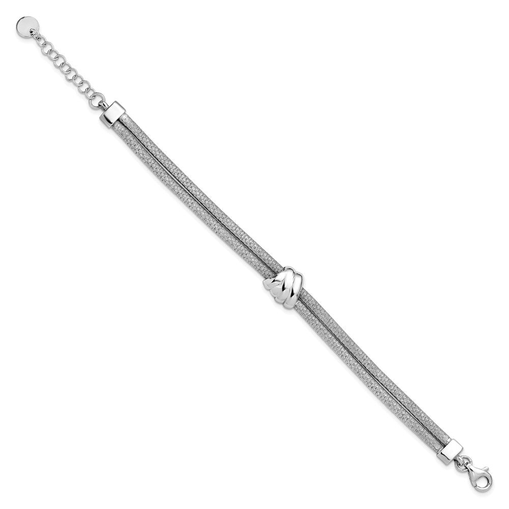 SS Rh-plt Polished/Textured 2 Strand Wrapped Knot with 1in ext. Brace