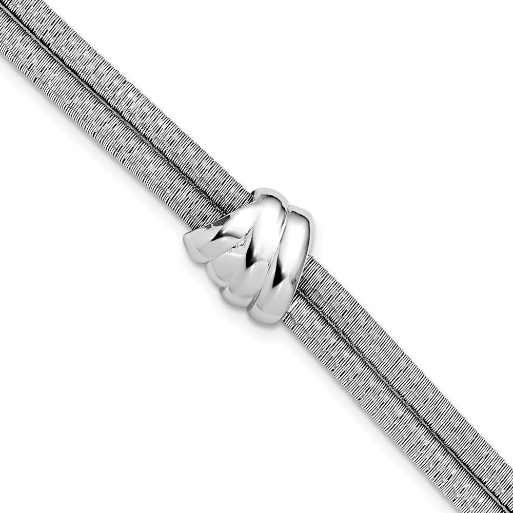 SS Rh-plt Polished/Textured 2 Strand Wrapped Knot with 1in ext. Brace
