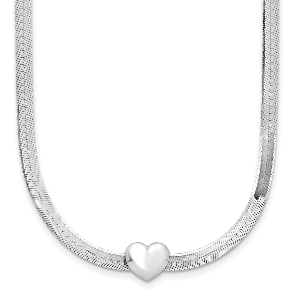 Sterling Silver Rhodium-plated Polished Heart Herringbone with 2in ext. N