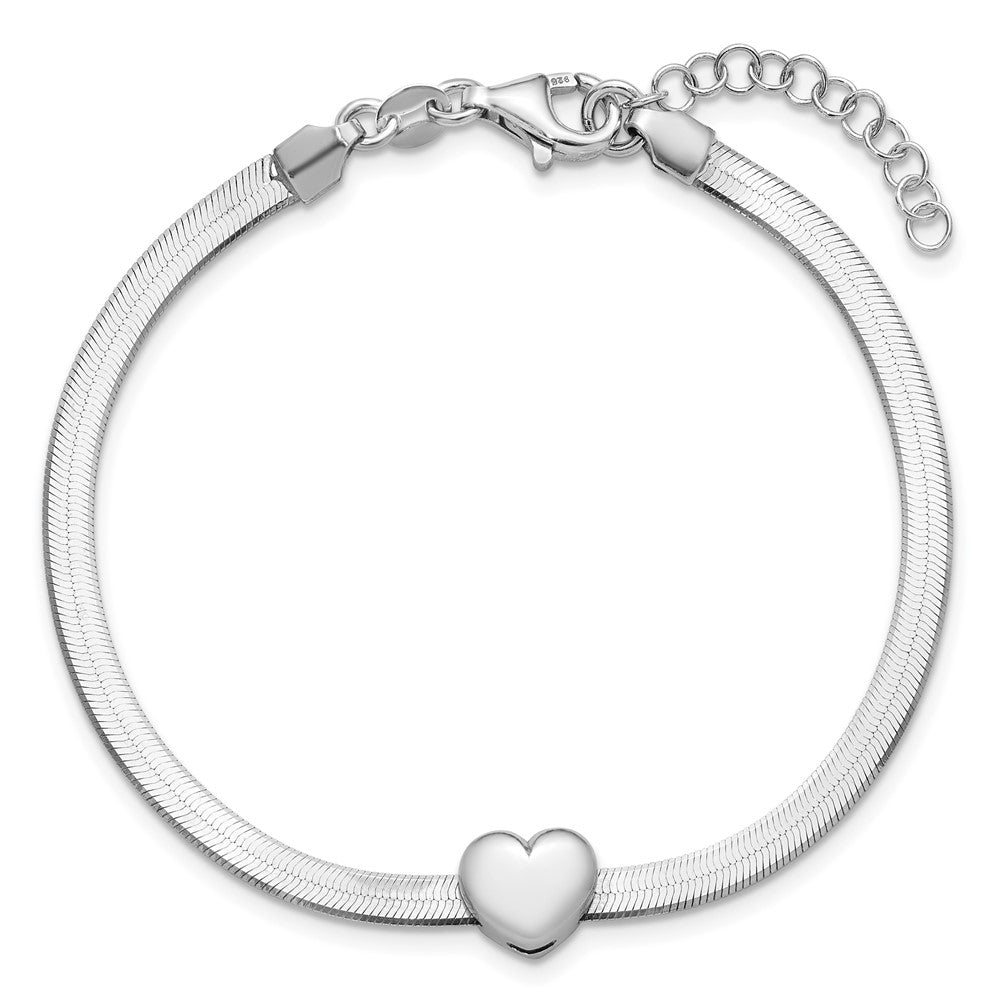 Sterling Silver Rhodium-plated Polished Heart Herringbone with 1in ext. B
