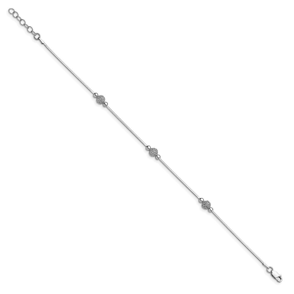 Sterling Silver RH-plt Polish/Textured Beaded with 1in ext. Anklet