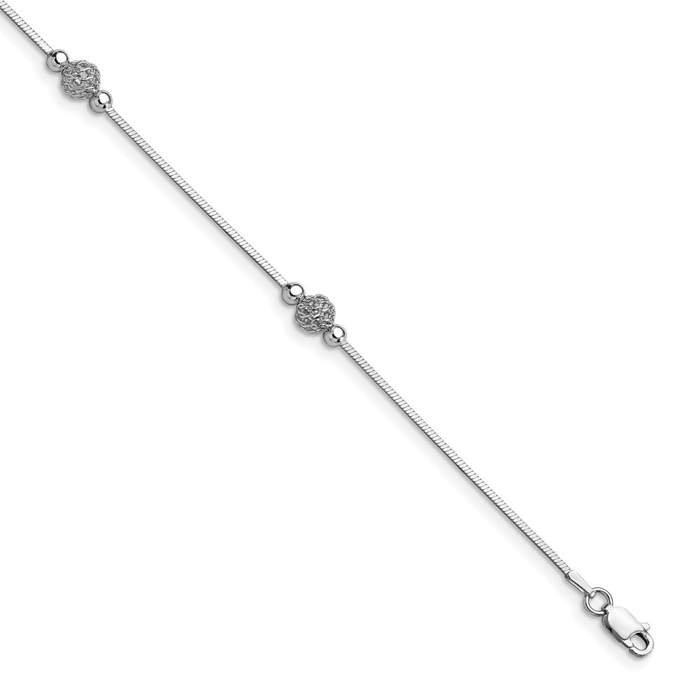 Sterling Silver RH-plt Polish/Textured Beaded with 1in ext. Anklet
