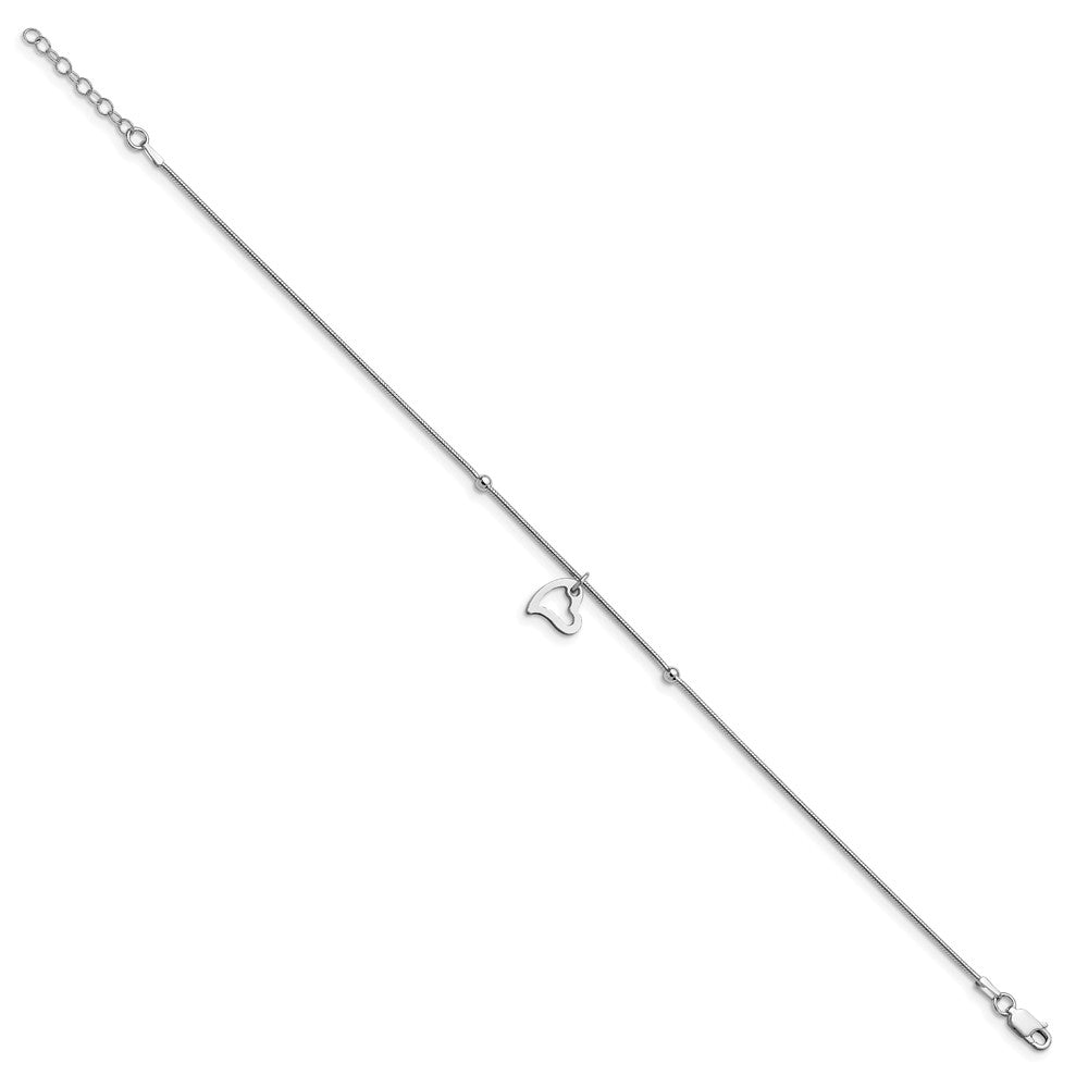 Sterling Silver Rhodium-plated Polished Heart with 1in ext. Anklet