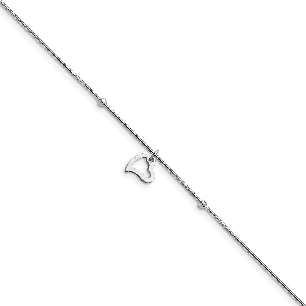 Sterling Silver Rhodium-plated Polished Heart with 1in ext. Anklet