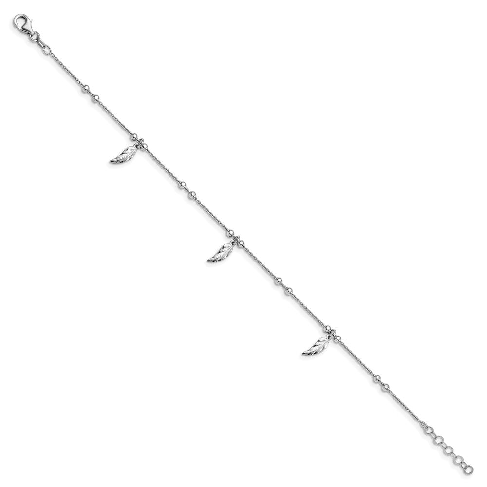 Sterling Silver Rhodium-plated Polished Feather with 1in ext. Anklet